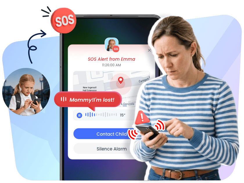 Parent receiving a child's SOS alert with live location and 15-second audio in AirDroid Parental Control